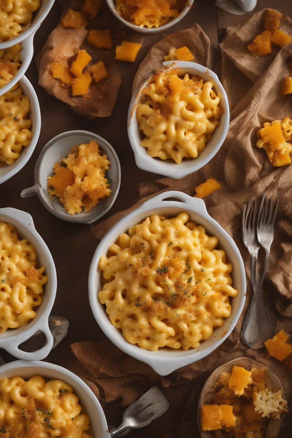 A high-resolution photo of butternut squash mac and cheese with orange hues under soft lighting.