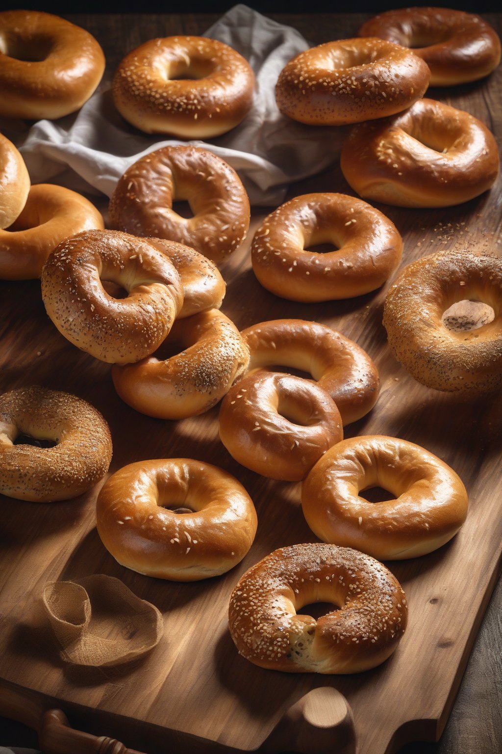 A high-resolution photo of golden-brown classic plain bagels on a wooden board, steam rising, under soft lighting.