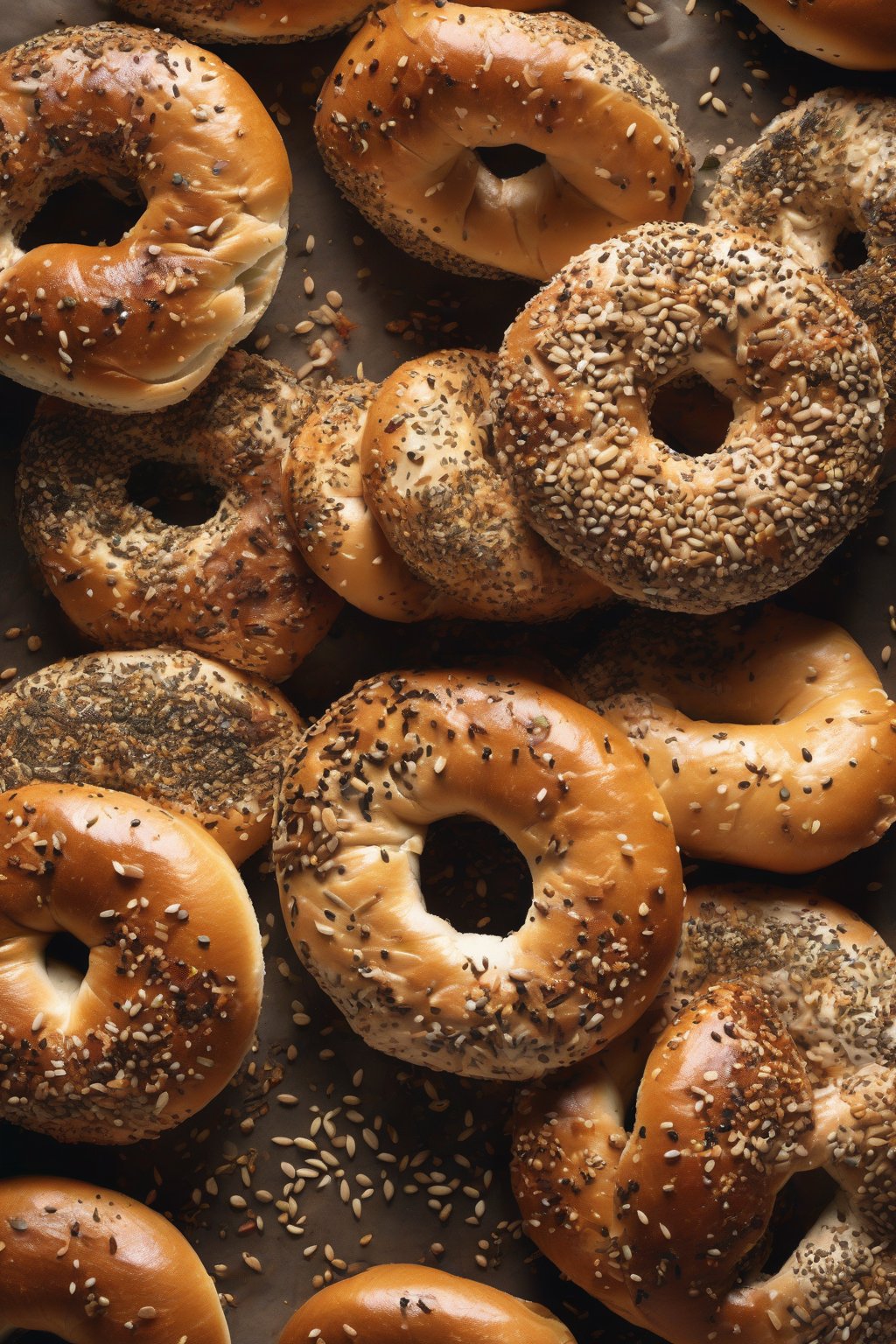 A high-resolution photo of everything bagels topped with seeds and spices, sliced open revealing chewy interior, under soft lighting.