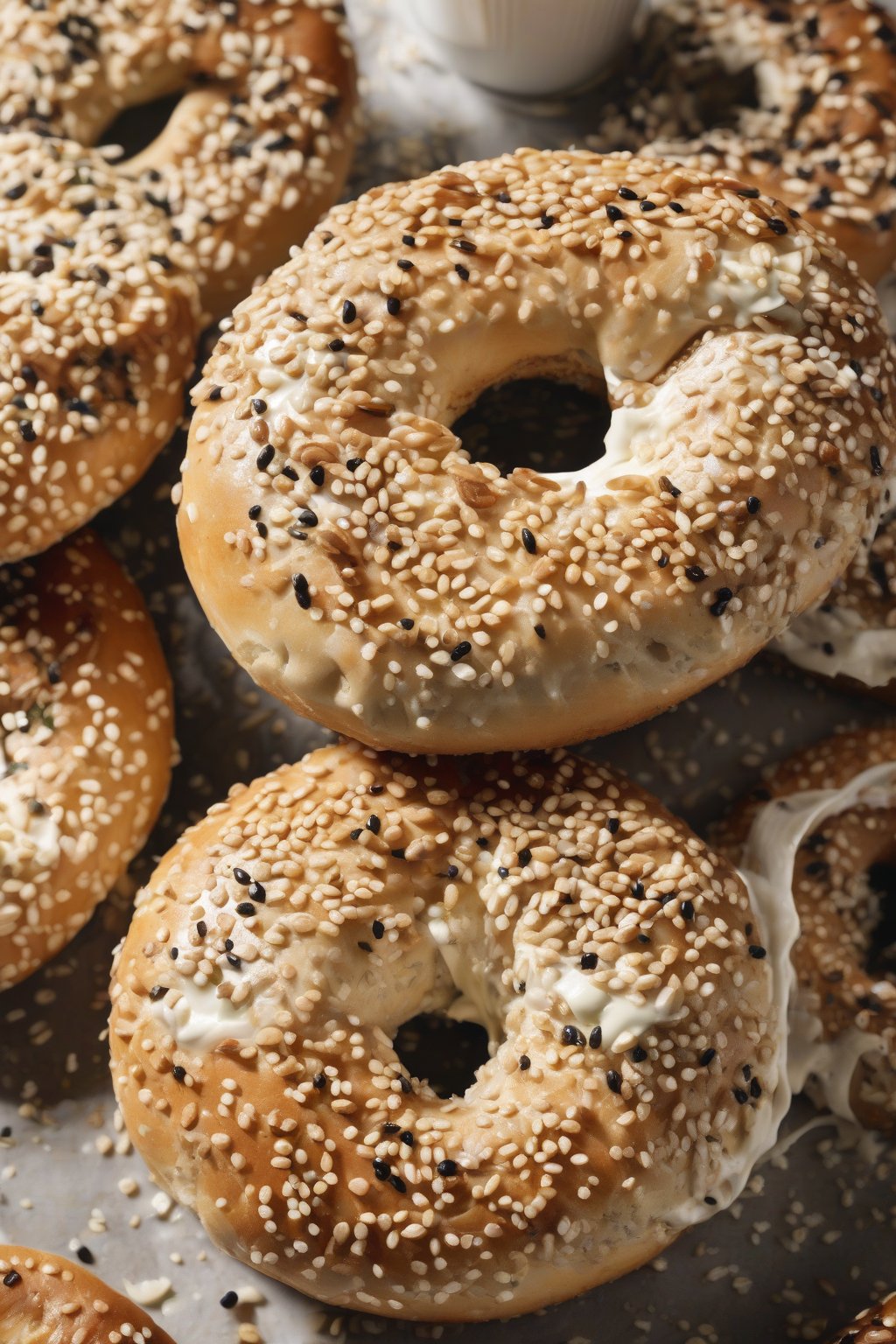 A high-resolution photo of sesame seed bagels glistening with seeds, one halved with cream cheese, under soft lighting.