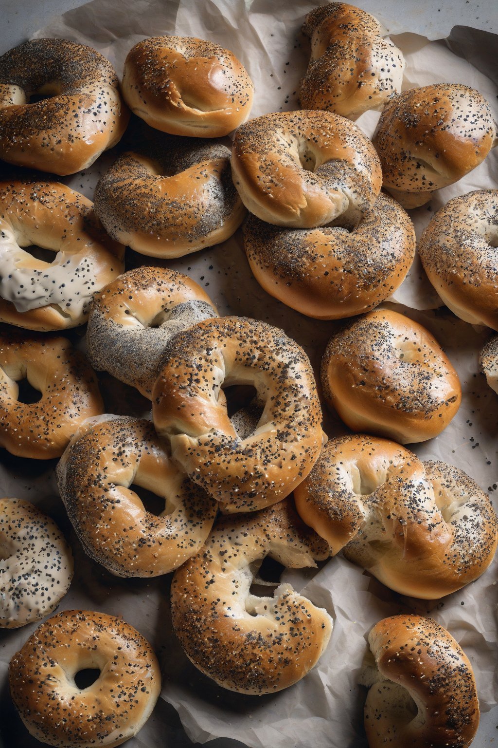 A high-resolution photo of poppy seed bagels with black specks, fresh from the oven on parchment, under soft lighting.