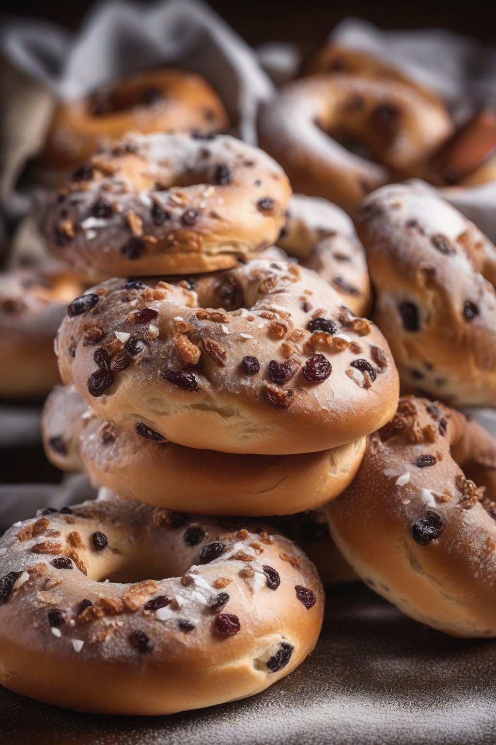 A high-resolution photo of cinnamon raisin bagels with fruity flecks, dusted with powdered sugar, under soft lighting.