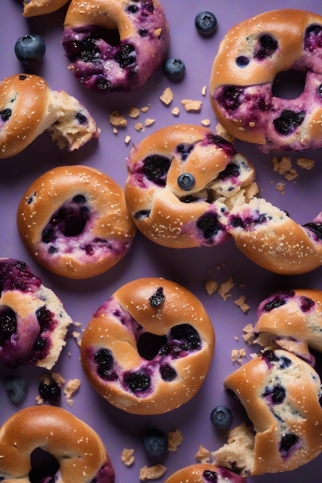 A high-resolution photo of blueberry bagels with purple-speckled crumb, sliced to show fruit pieces, under soft lighting.