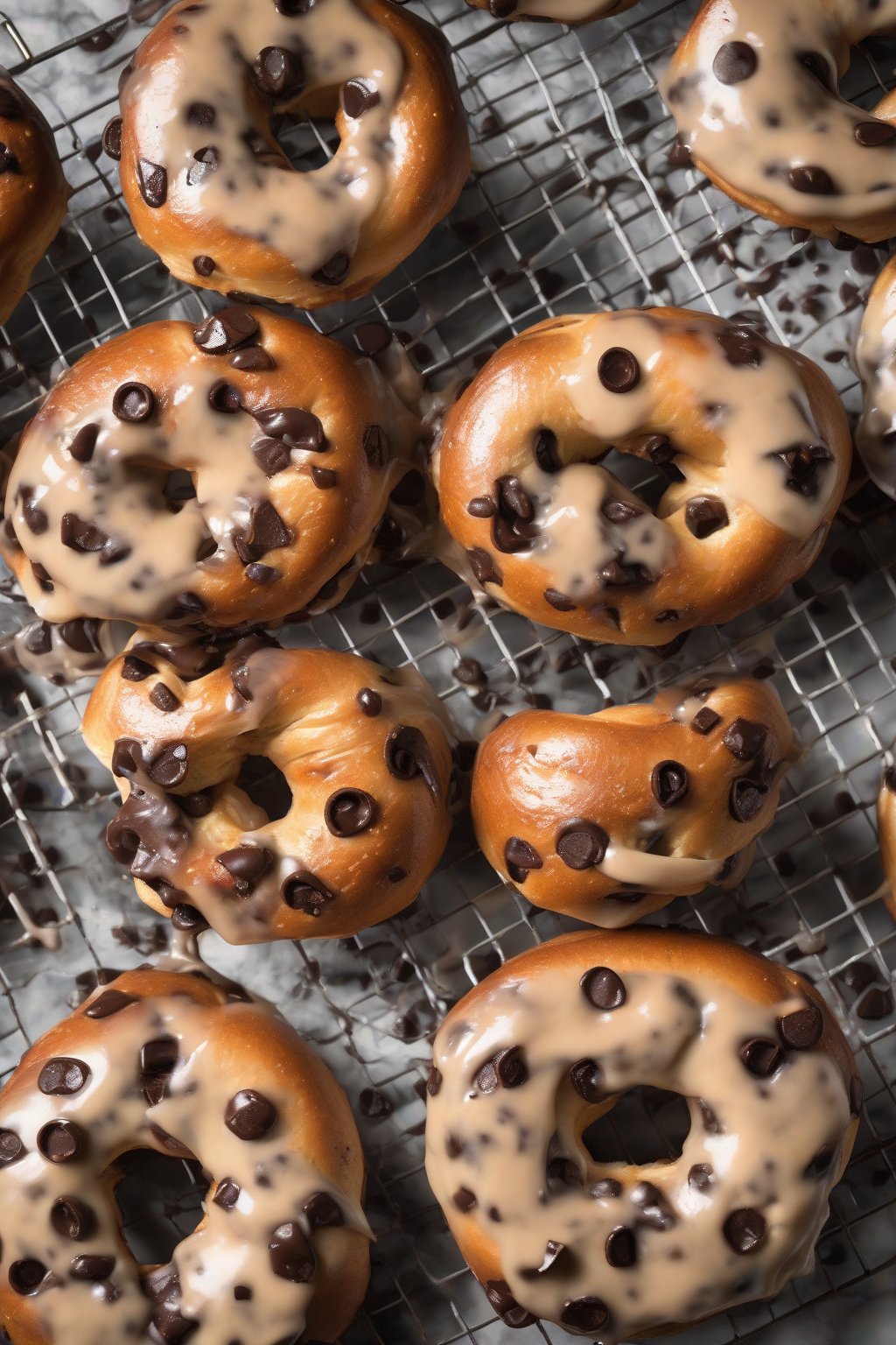 A high-resolution photo of chocolate chip bagels with melted chips oozing out, on a cooling rack, under soft lighting.