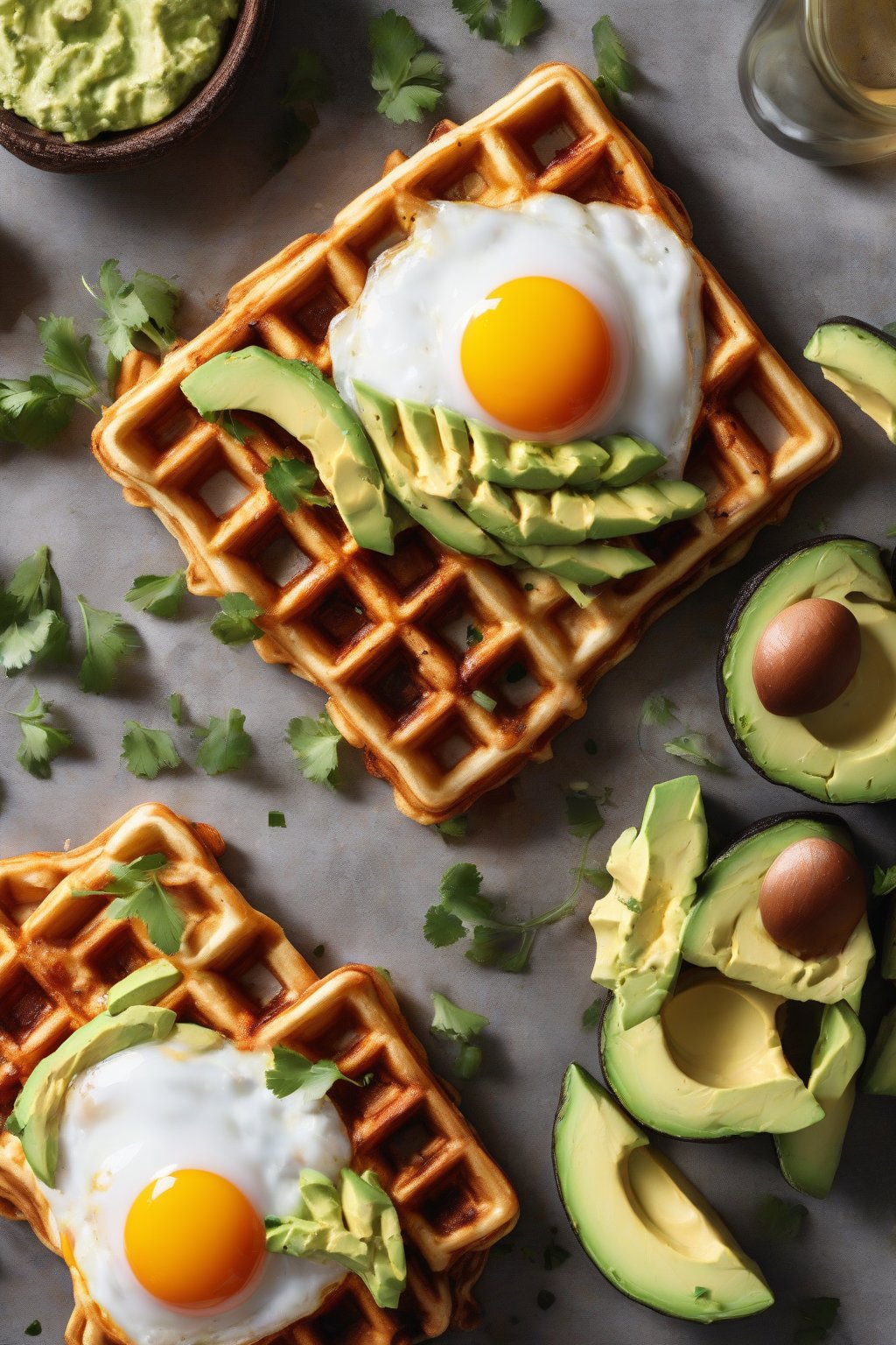 A high-resolution photo of cheesy herb crispy waffles topped with a fried egg and avocado slices, under soft lighting.
