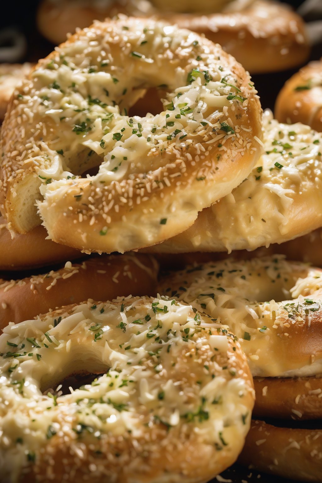 A high-resolution photo of garlic parmesan bagels cheesy and golden, steam rising, under soft lighting.