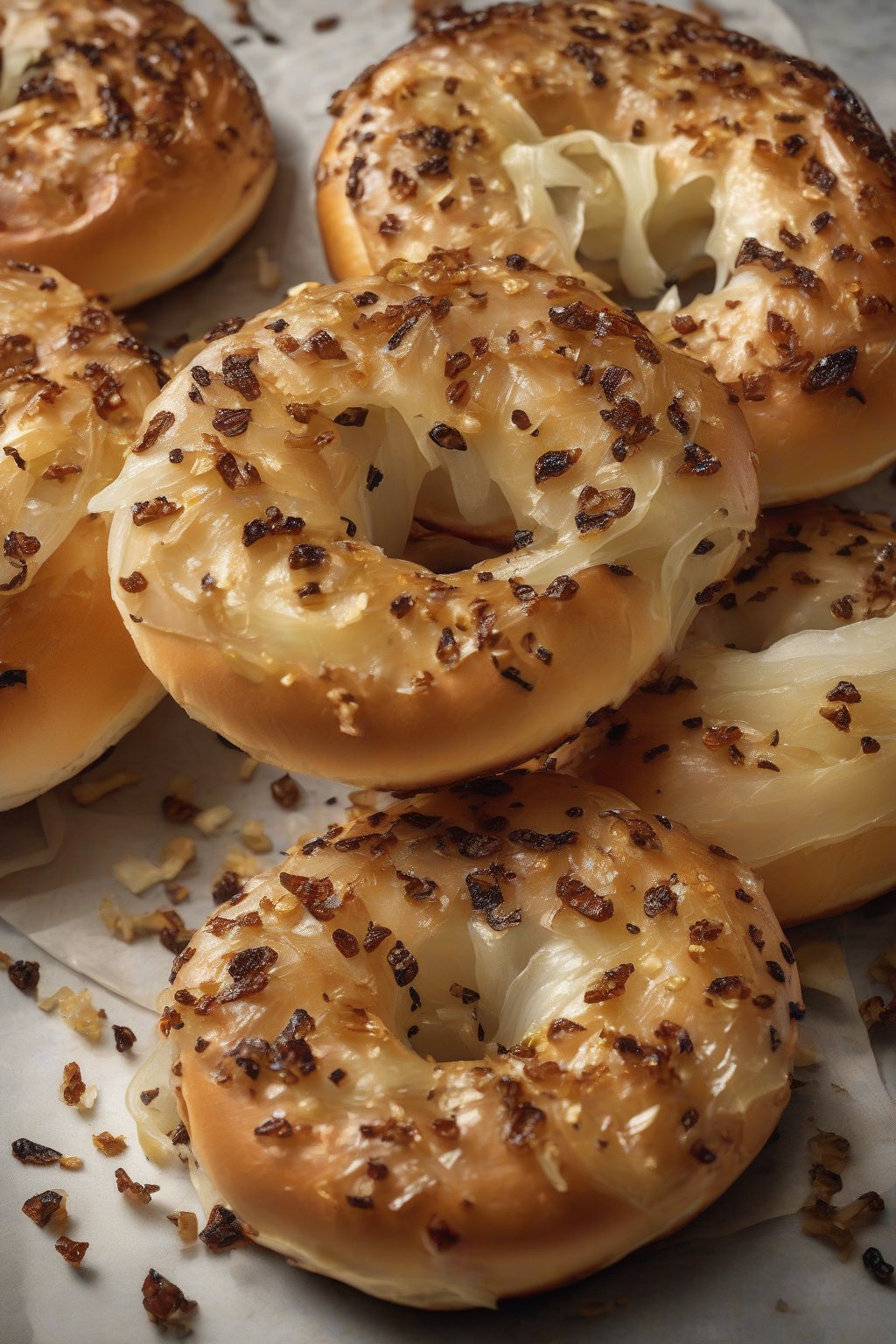 A high-resolution photo of onion bagels with caramelized bits, one toasted and buttered, under soft lighting.