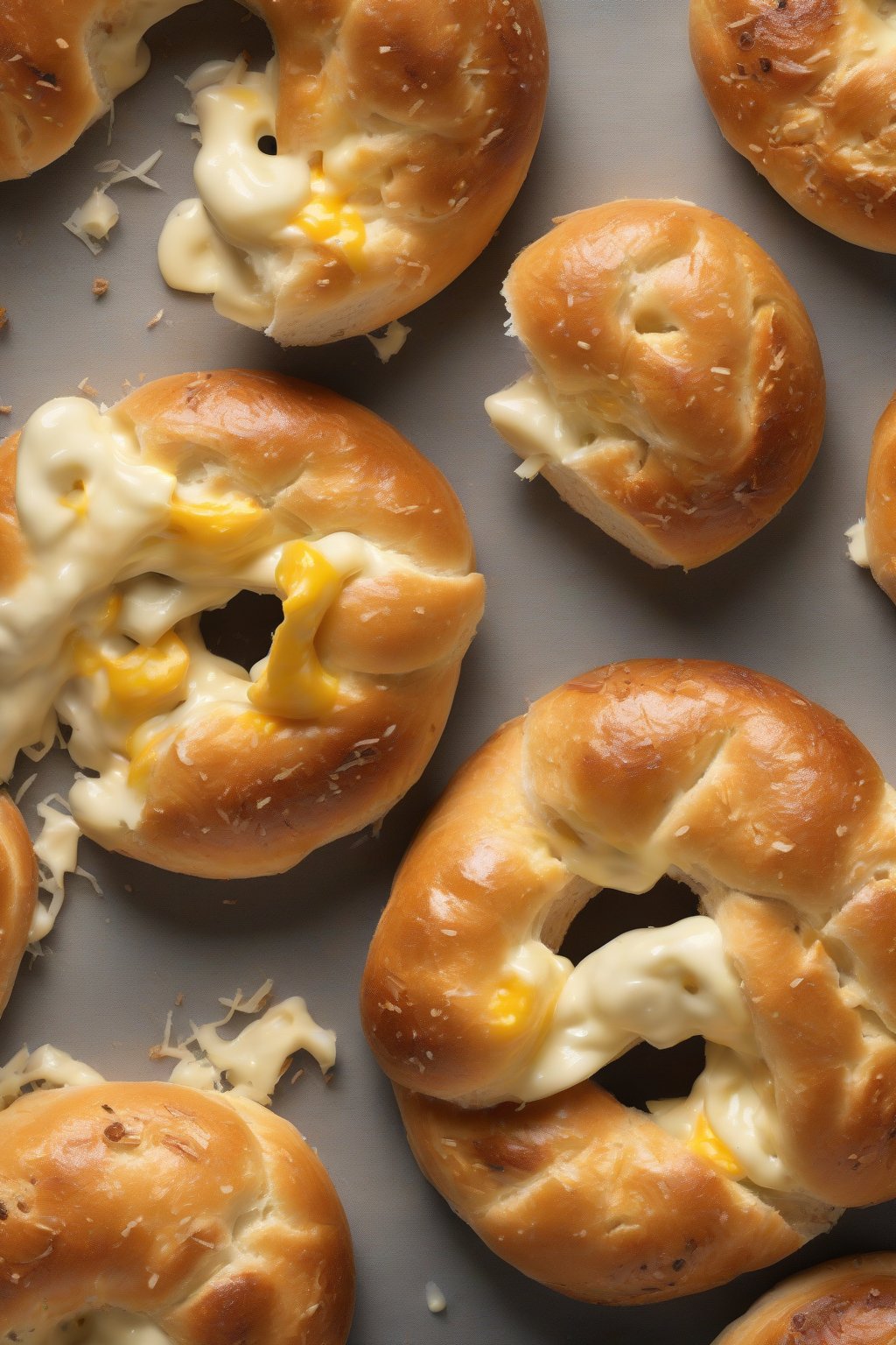 A high-resolution photo of asiago cheese bagels with melted pull-apart cheese, close-up texture, under soft lighting.