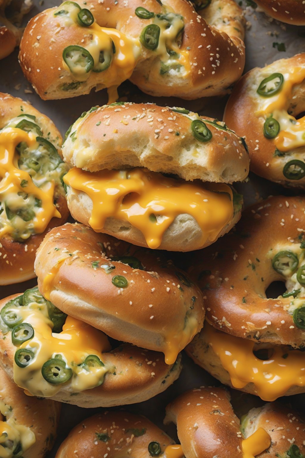 A high-resolution photo of jalapeño cheddar bagels with green flecks and orange cheese melt, sliced open, under soft lighting.