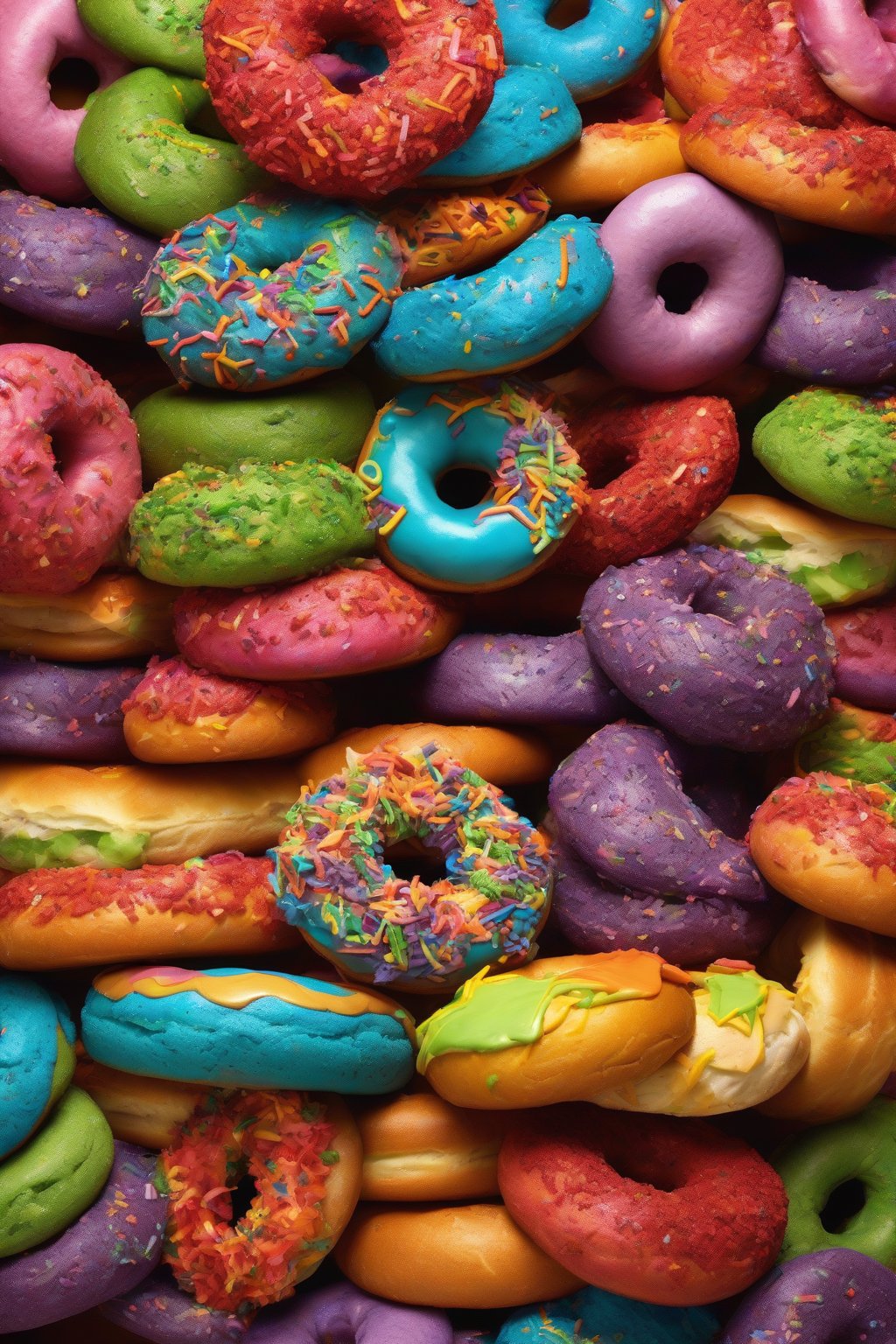 A high-resolution photo of rainbow bagels with vibrant layered colors, stacked creatively, under soft lighting.