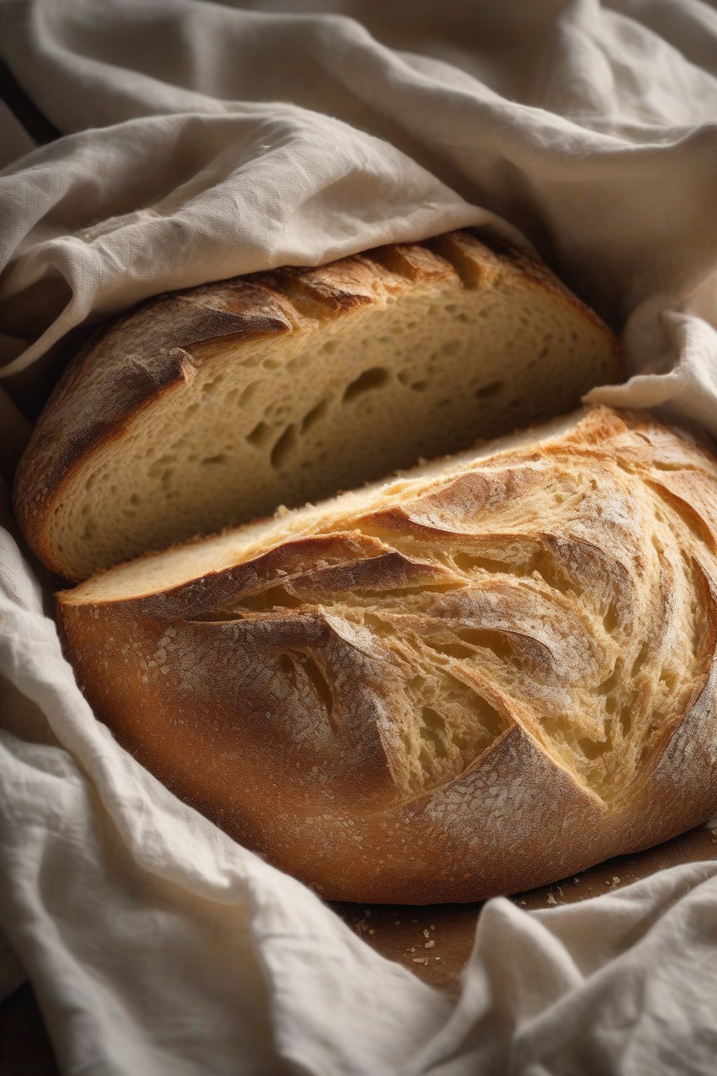 A high-resolution photo of a rustic classic sourdough loaf with a golden crust and flour dusting, sliced to show open crumb, under soft lighting.