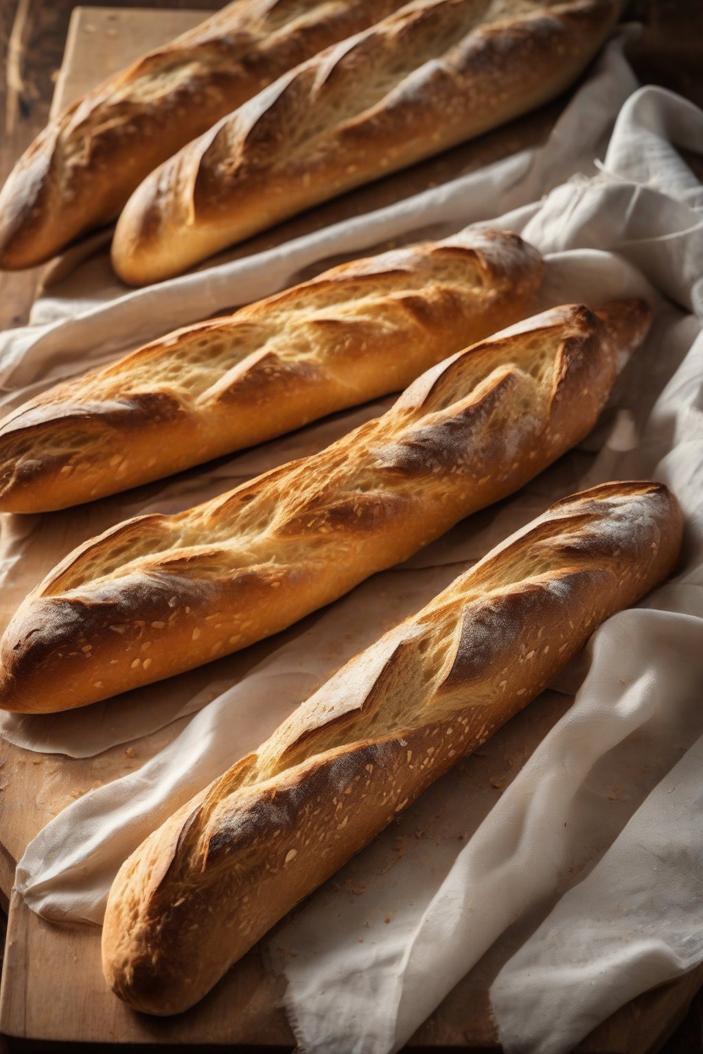 A high-resolution photo of three golden sourdough baguettes with diagonal scores and blistered crusts on a wooden board, under soft lighting.