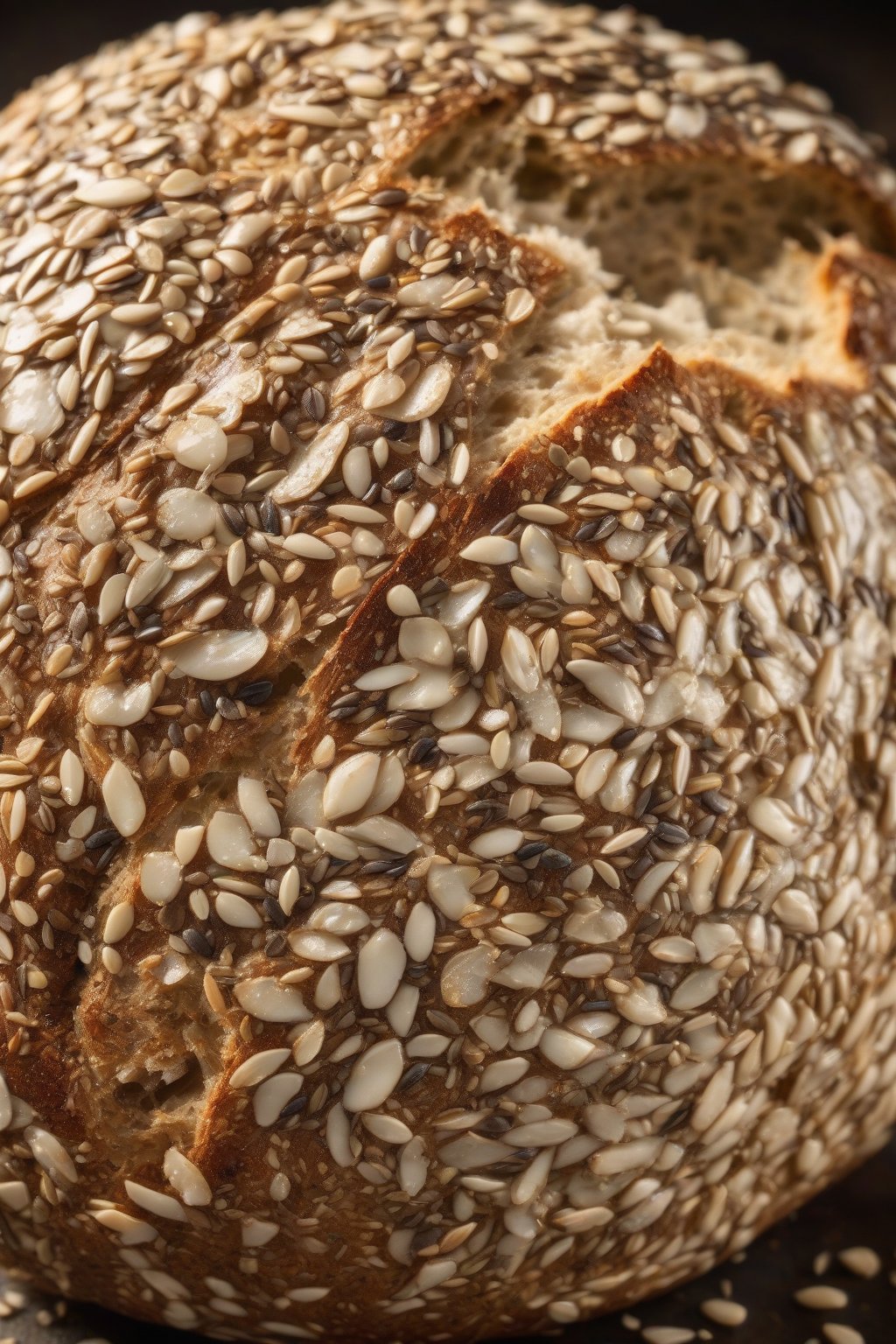 A high-resolution photo of a seeded sourdough boule bursting with seeds, cracked open to reveal chewy interior, under soft lighting.