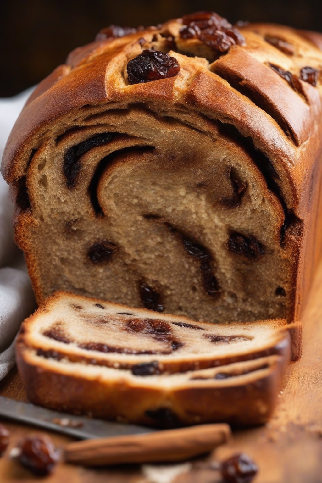 A high-resolution photo of a swirled cinnamon raisin sourdough loaf sliced to show gooey raisins and cinnamon layers, under soft lighting.