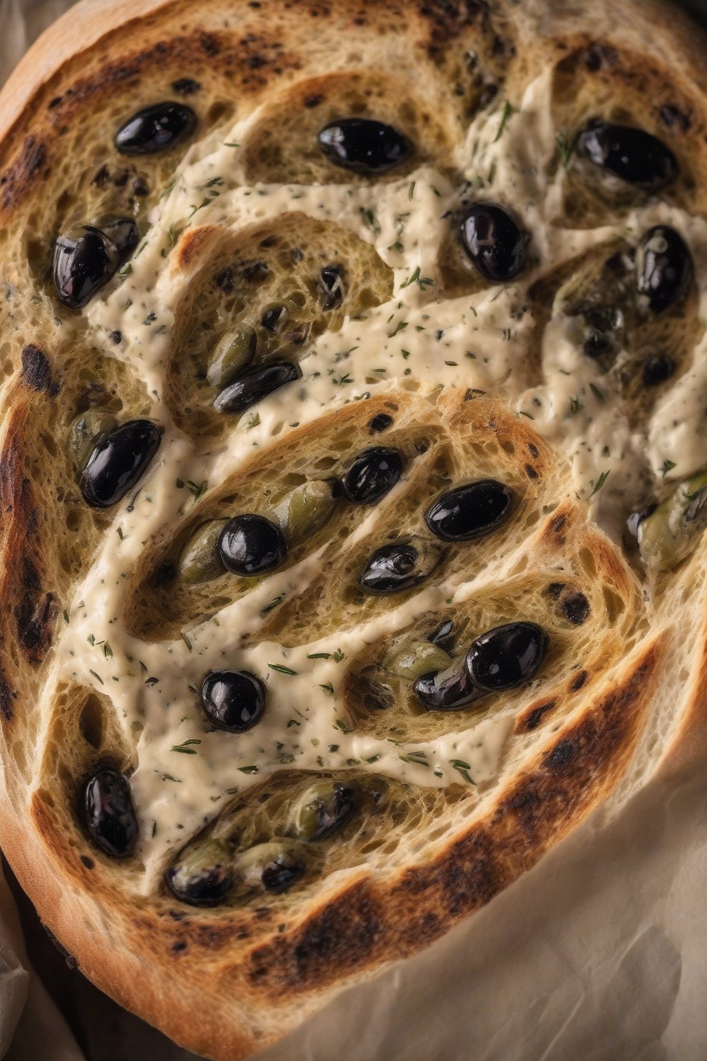 A high-resolution photo of olive rosemary sourdough with visible green flecks and black olives, crusty exterior on parchment, under soft lighting.