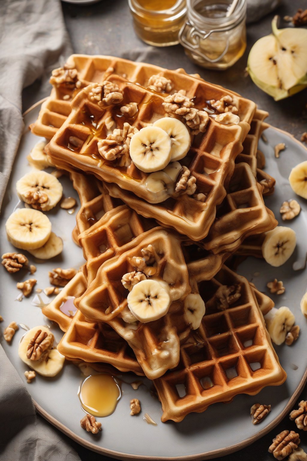 A high-resolution photo of banana nut crispy waffles with walnut pieces and banana slices, drizzled with honey, under soft lighting.