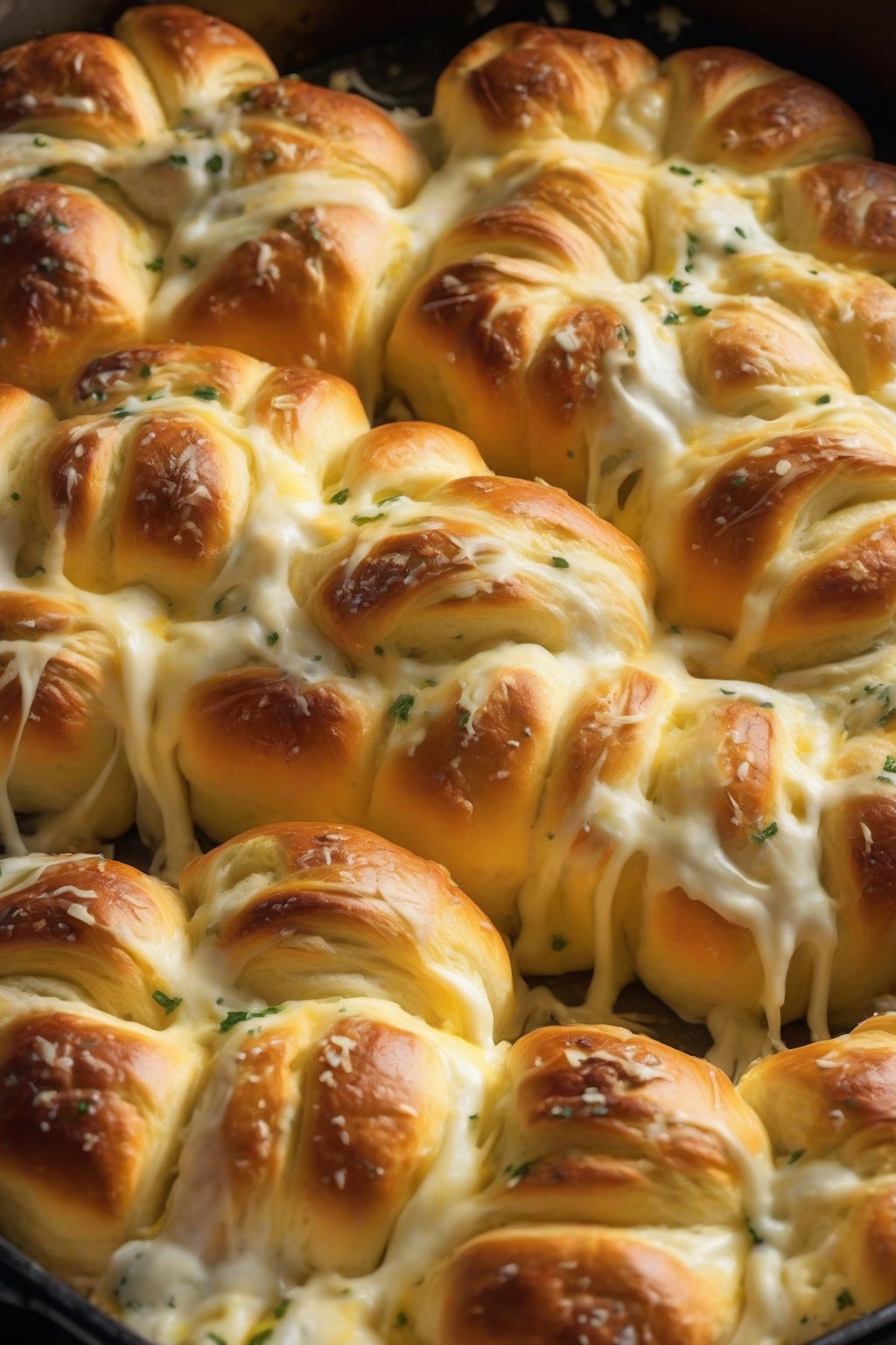A high-resolution photo of cheesy garlic sourdough pull-apart rolls steaming with melted cheese strings, under soft lighting.