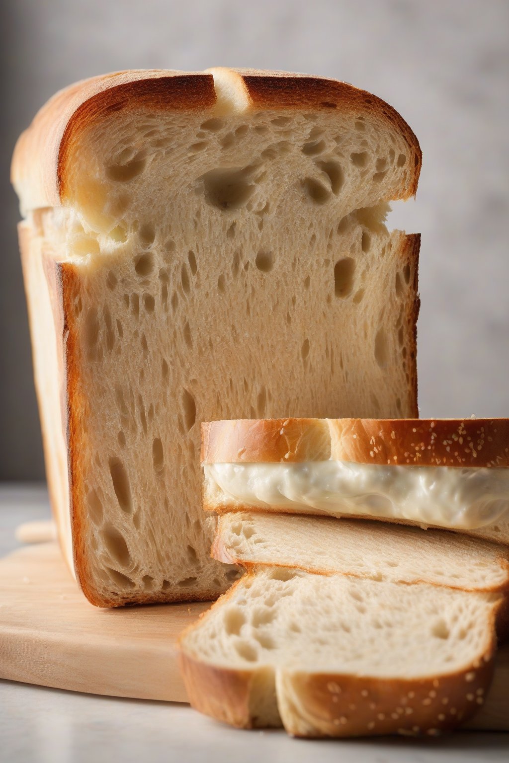 A high-resolution photo of a soft sourdough sandwich loaf sliced evenly, soft interior with light crust, under soft lighting.
