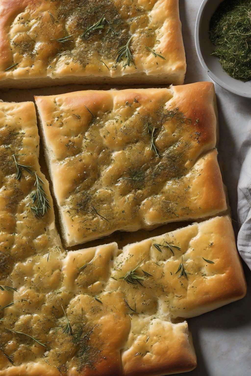 A high-resolution photo of herbed sourdough focaccia with deep dimples glistening in olive oil and herb topping, under soft lighting.