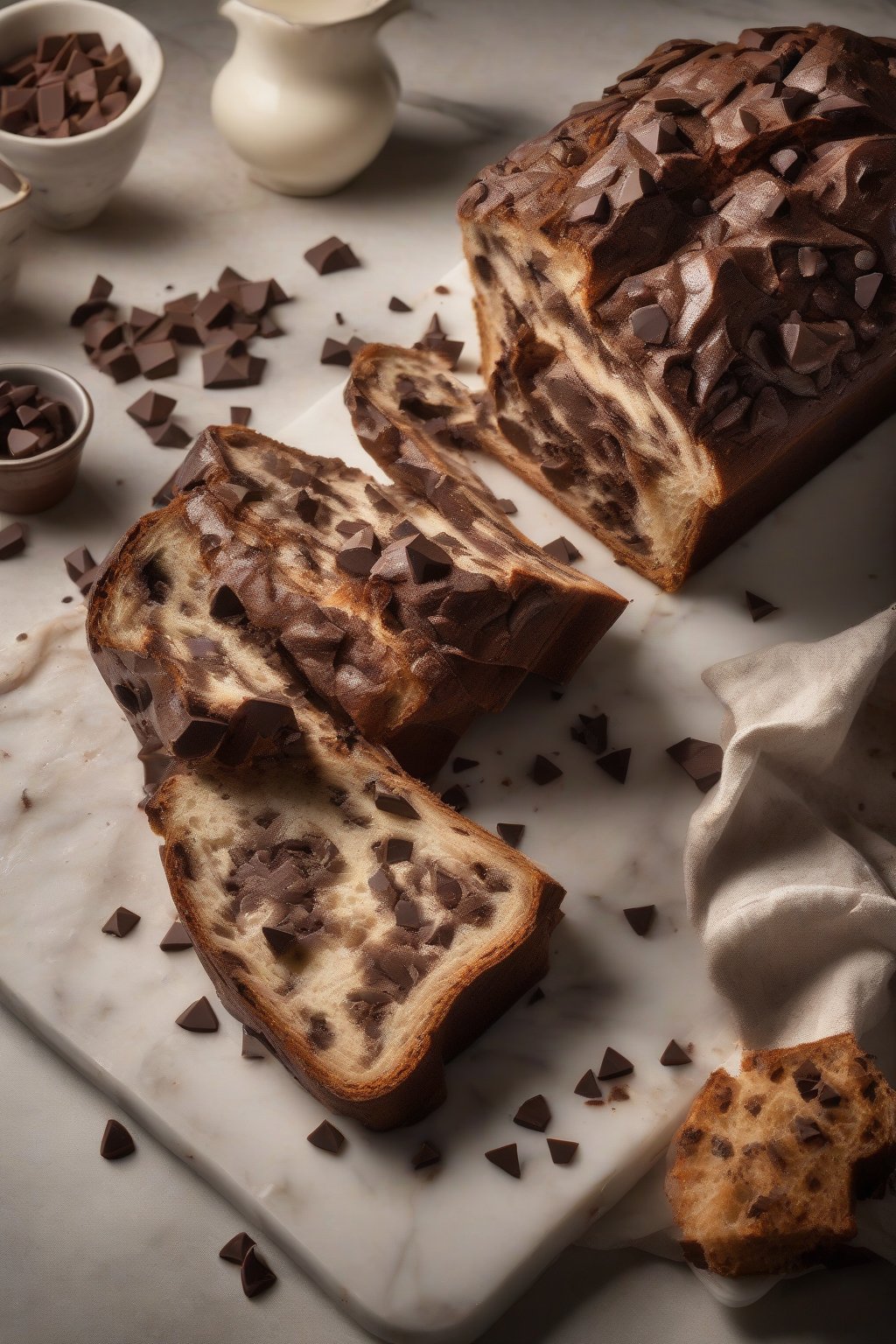 A high-resolution photo of chocolate-studded sourdough loaf with molten chunks visible in a slice, under soft lighting.