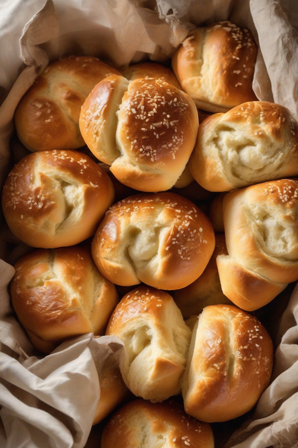 A high-resolution photo of golden sourdough dinner rolls in a basket, shiny tops with one torn open, under soft lighting.