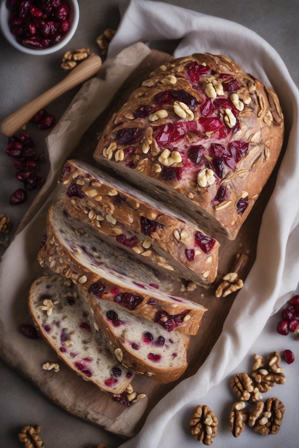 A high-resolution photo of walnut cranberry sourdough with ruby flecks and chopped nuts, rustic slice, under soft lighting.