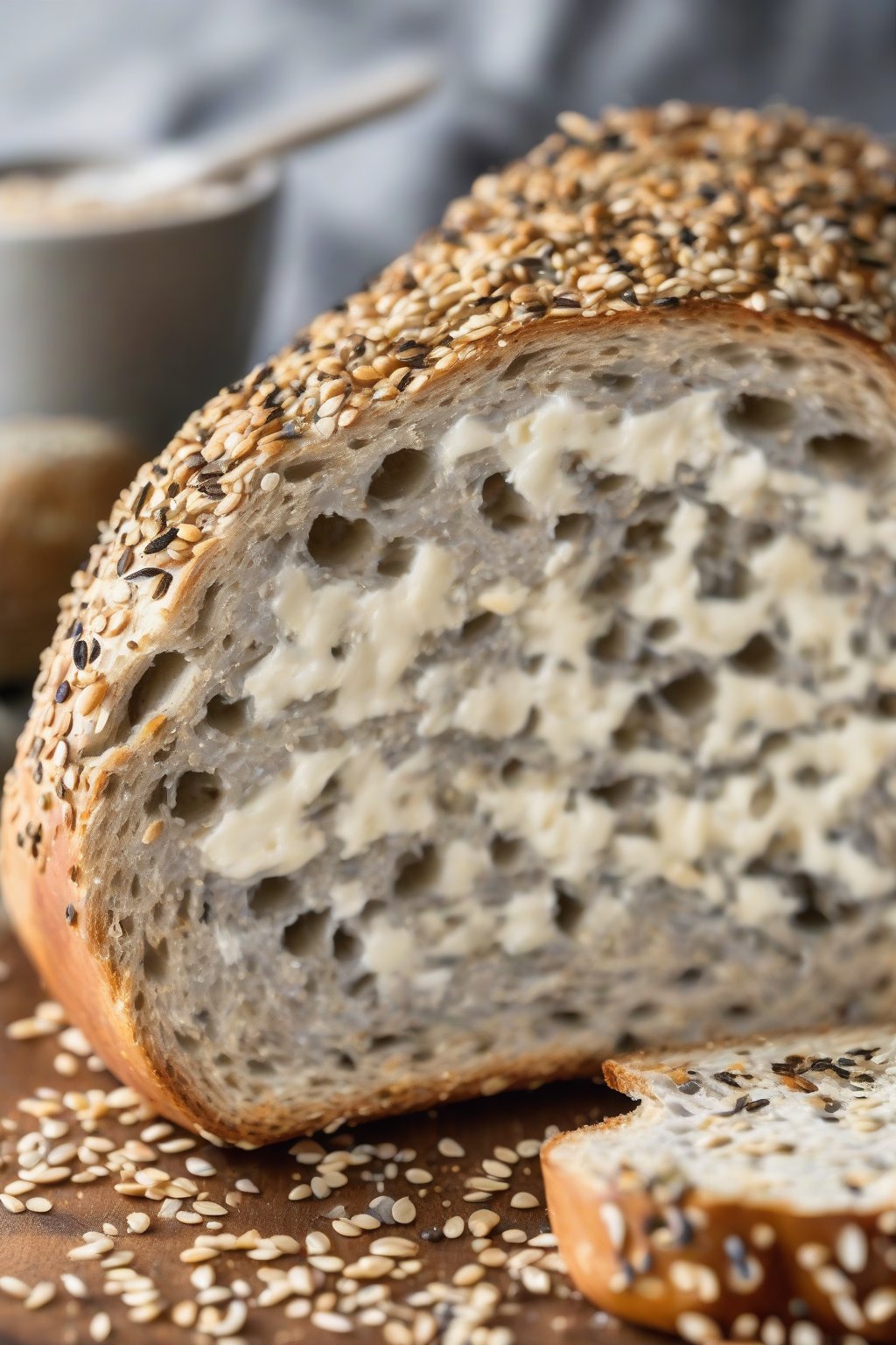 A high-resolution photo of everything bagel sourdough loaf coated in seeds and poppy, cross-section showing airy crumb, under soft lighting.