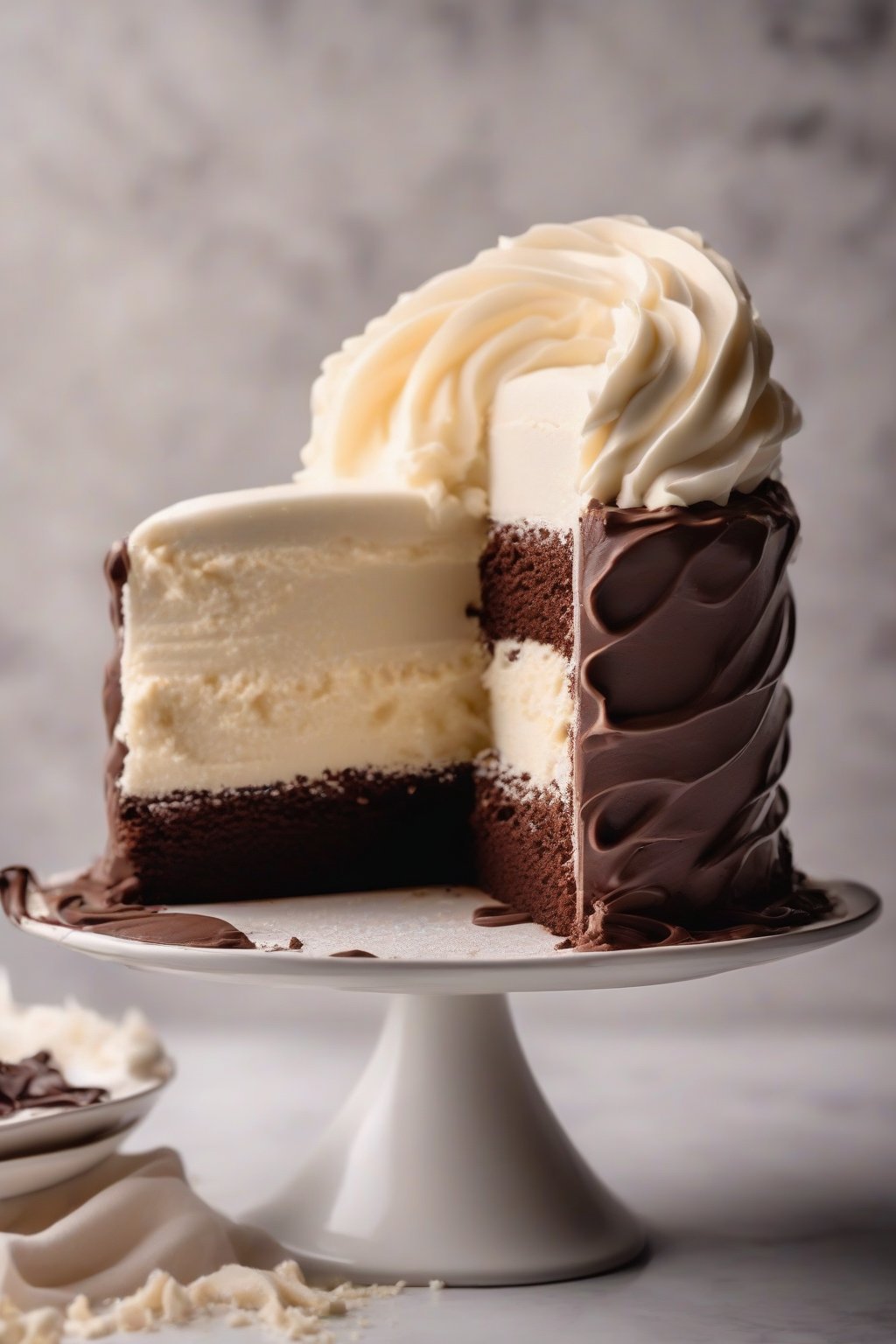 A high-resolution photo of a swirl of classic vanilla fluffy buttercream on a slice of chocolate cake under soft lighting.