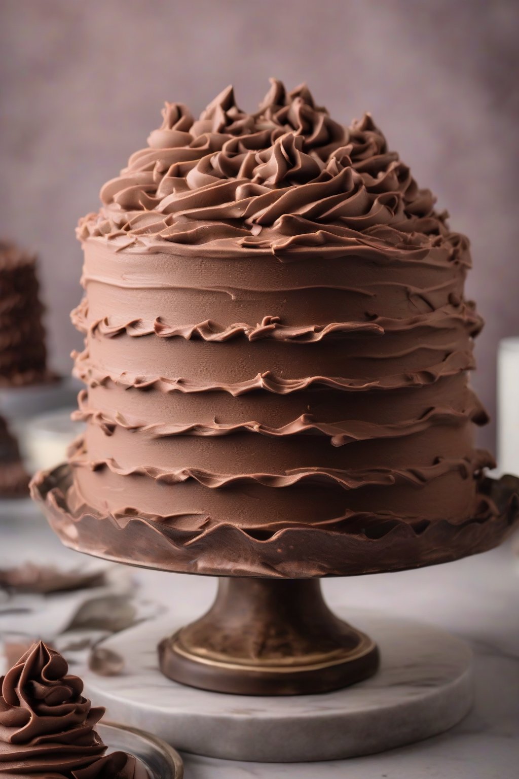 A high-resolution photo of chocolate fluffy buttercream frosting piped on a layered cake under soft lighting.