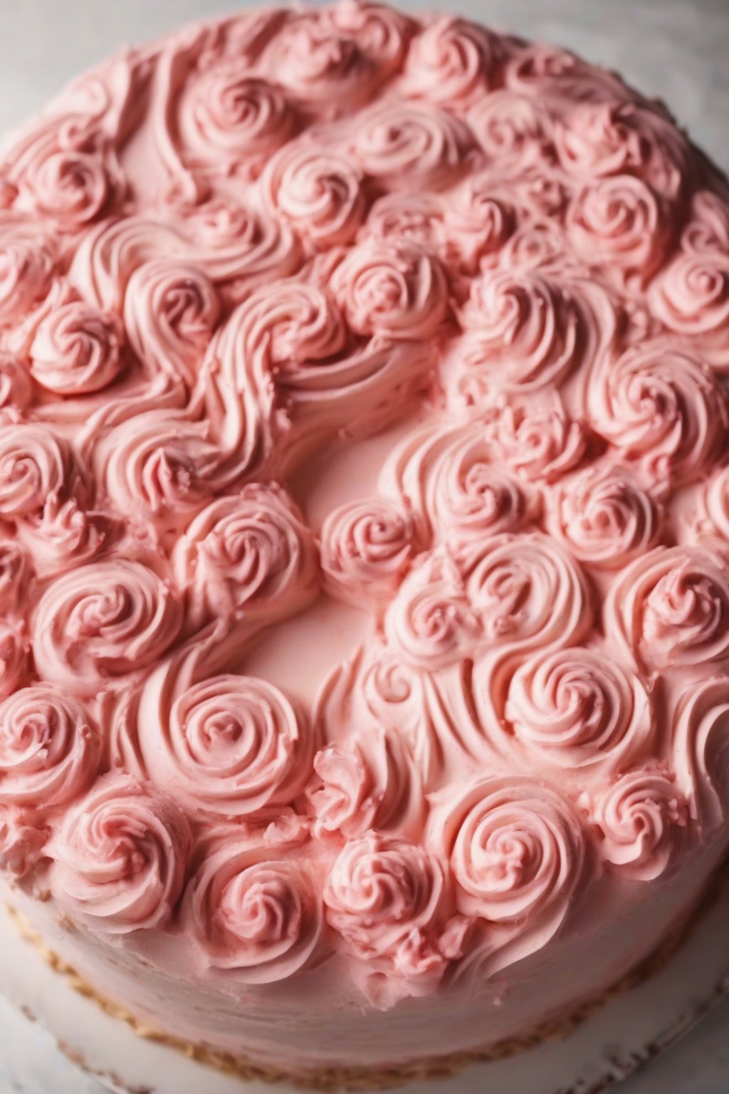 A high-resolution photo of strawberry fluffy buttercream swirls on a white cake under soft lighting.