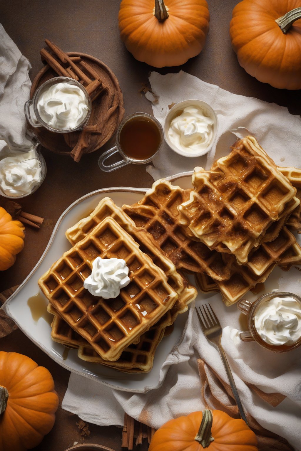 A high-resolution photo of pumpkin spice crispy waffles stacked with maple syrup and whipped cream, under soft lighting.