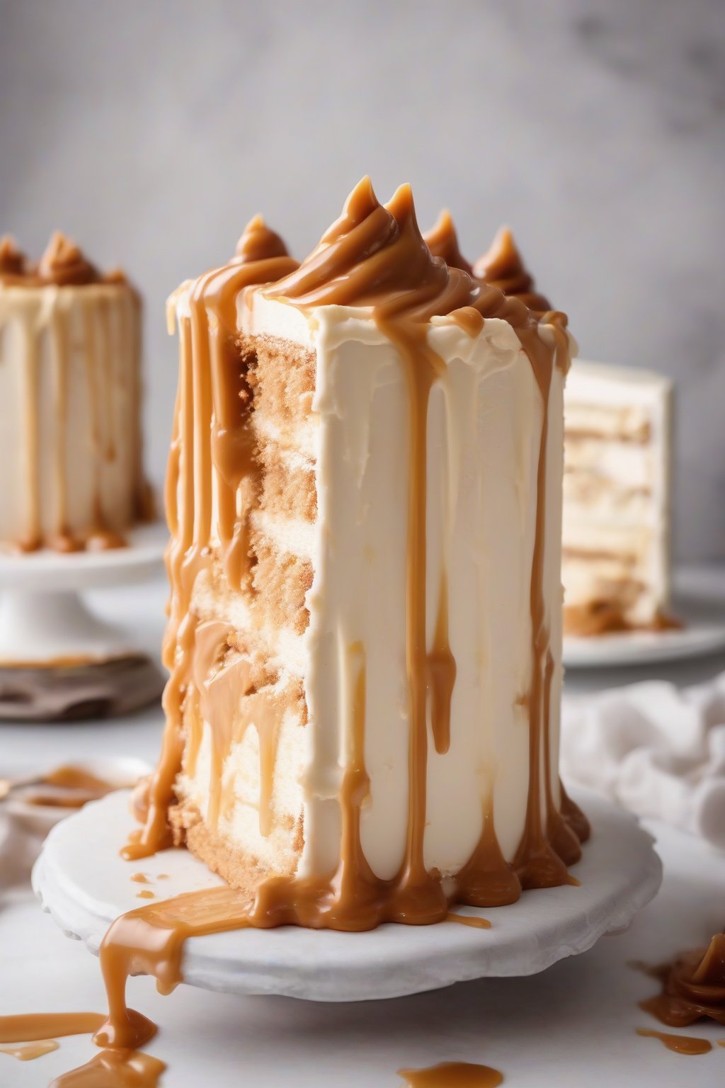 A high-resolution photo of salted caramel fluffy buttercream dripping over a cake slice under soft lighting.