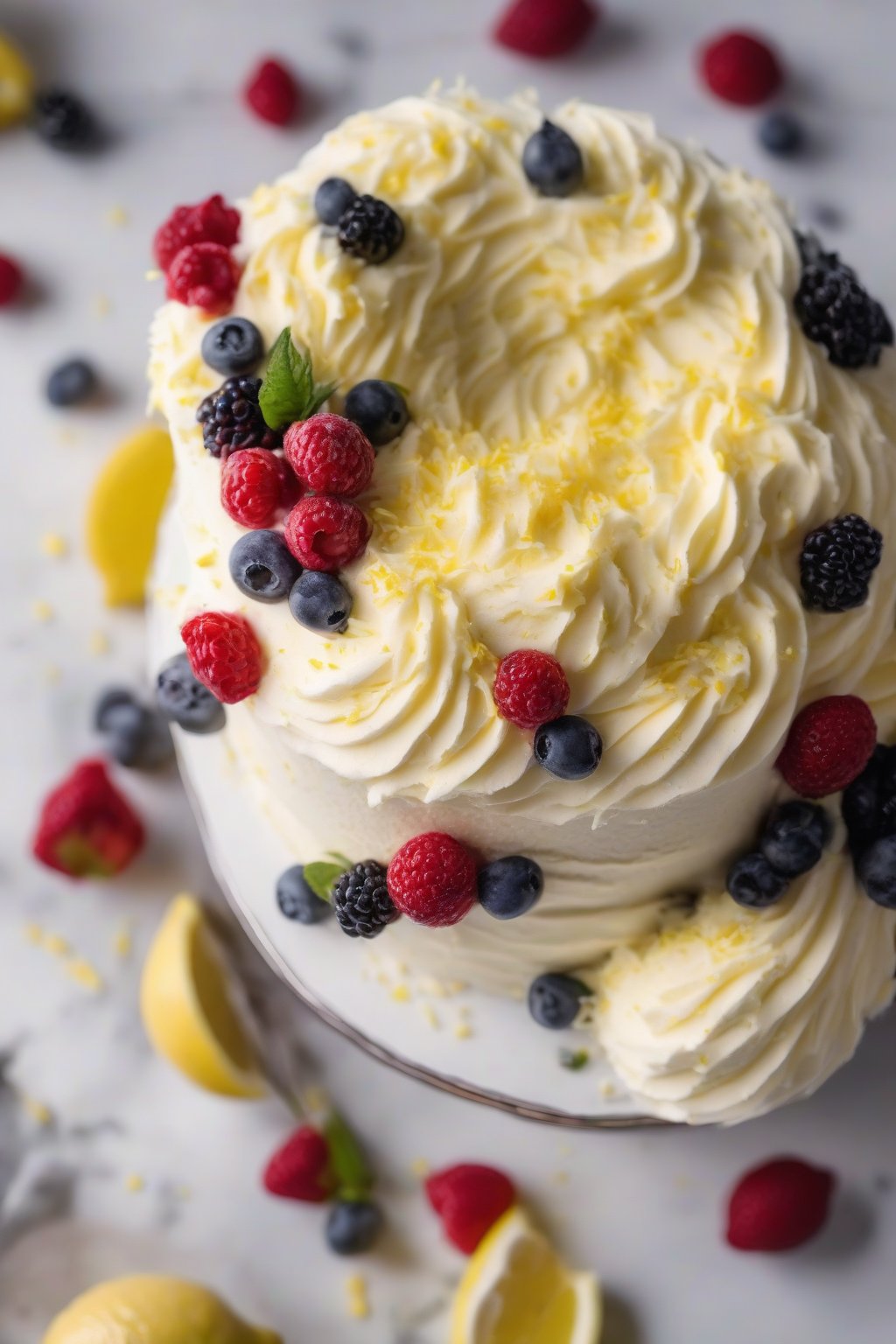 A high-resolution photo of lemon zest fluffy buttercream on a berry cake under soft lighting.