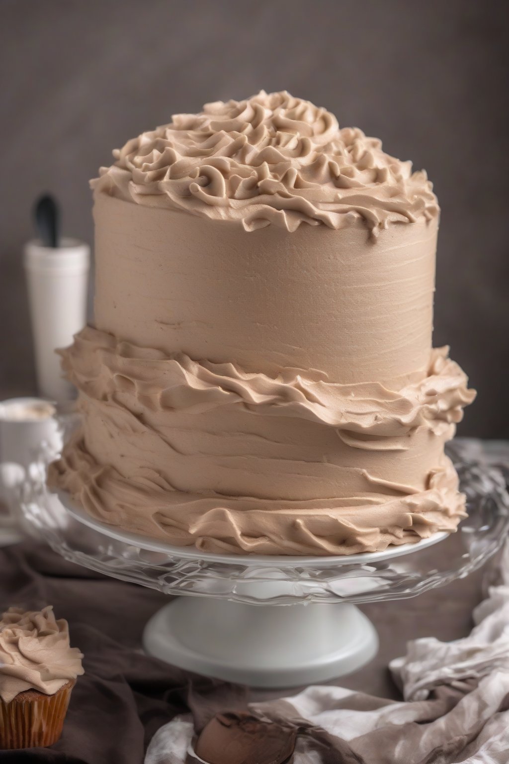A high-resolution photo of coffee fluffy buttercream frosting on a mocha cake under soft lighting.