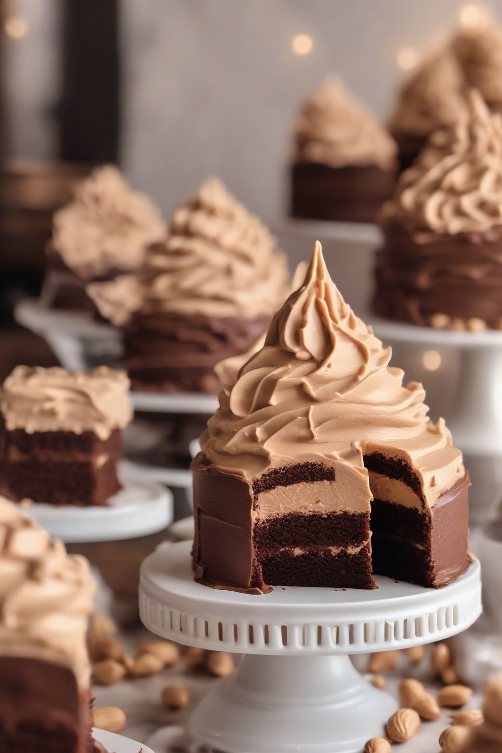 A high-resolution photo of peanut butter fluffy buttercream piped on a chocolate cake under soft lighting.