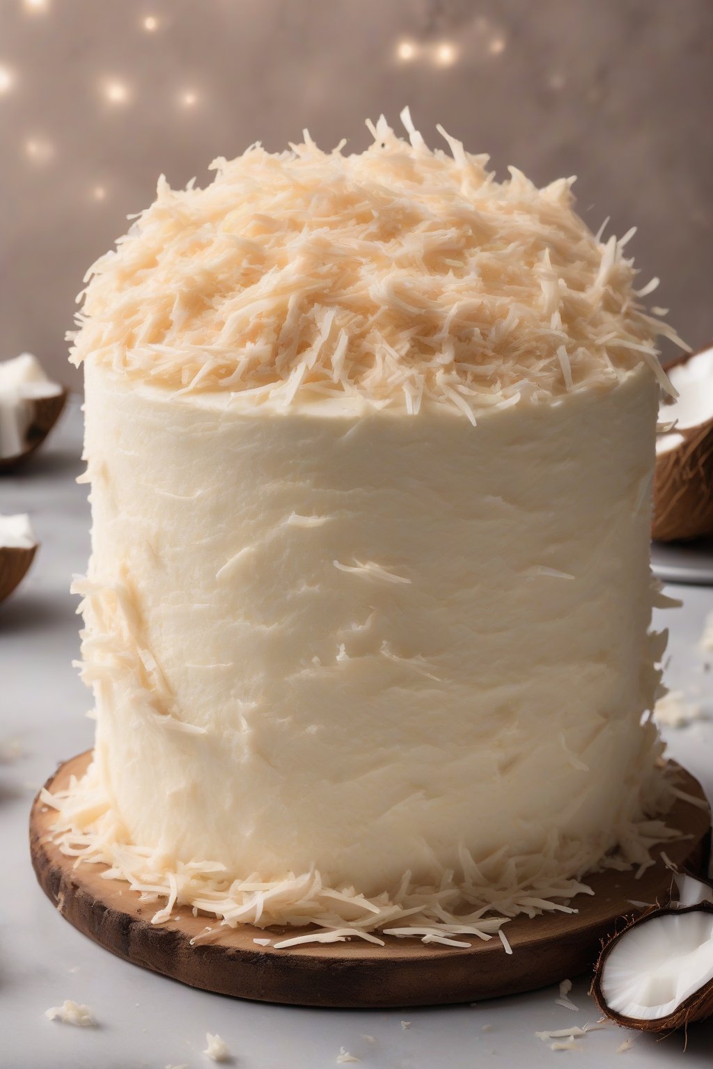 A high-resolution photo of coconut fluffy buttercream with toasted shreds on a cake under soft lighting.