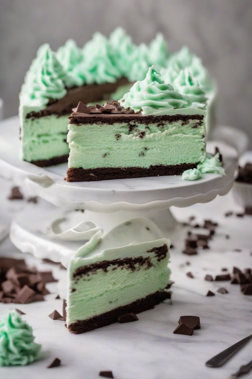 A high-resolution photo of mint chocolate chip fluffy buttercream on a cake slice under soft lighting.