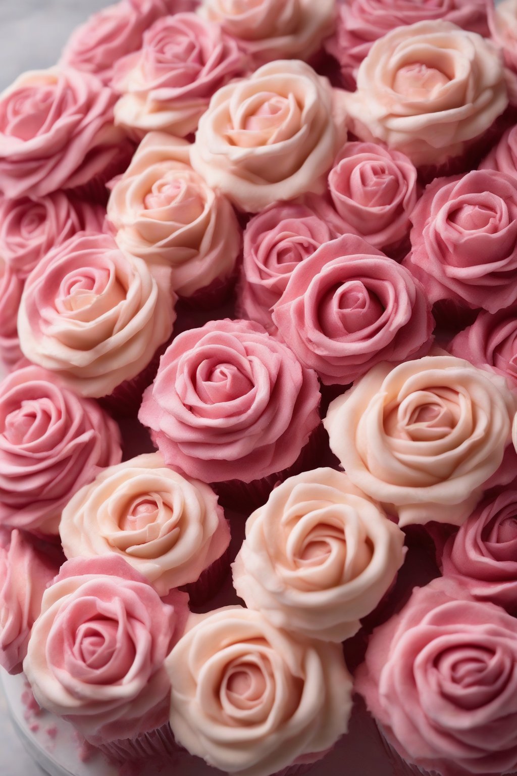 A high-resolution photo of raspberry rose fluffy buttercream roses on a cake under soft lighting.