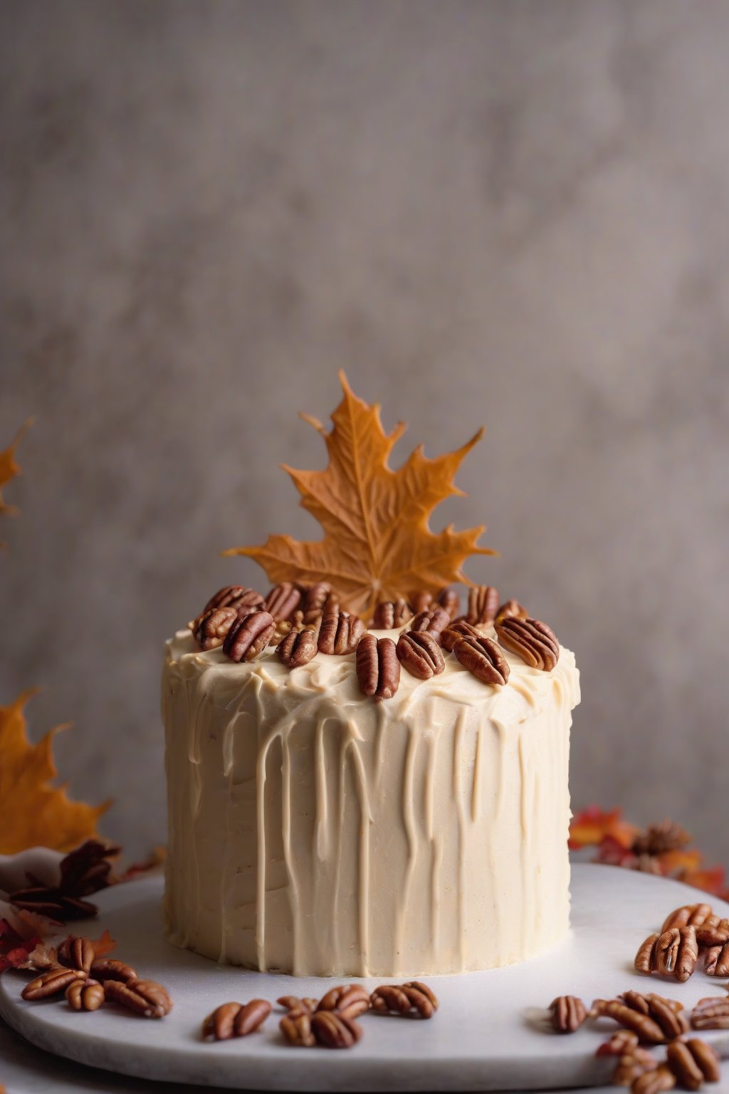 A high-resolution photo of maple pecan fluffy buttercream on a fall cake under soft lighting.