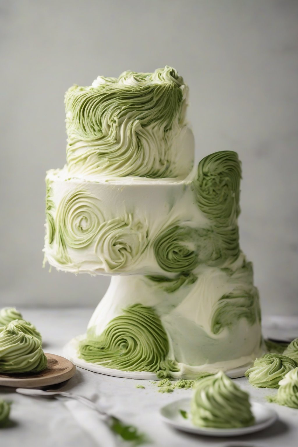 A high-resolution photo of matcha green tea fluffy buttercream swirled on a white cake under soft lighting.