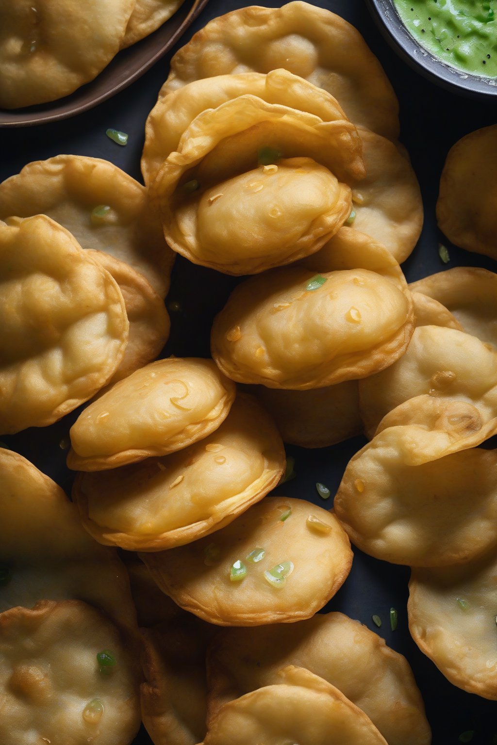A high-resolution photo of golden puris overflowing with spicy potato filling and tangy pani droplets under soft lighting.