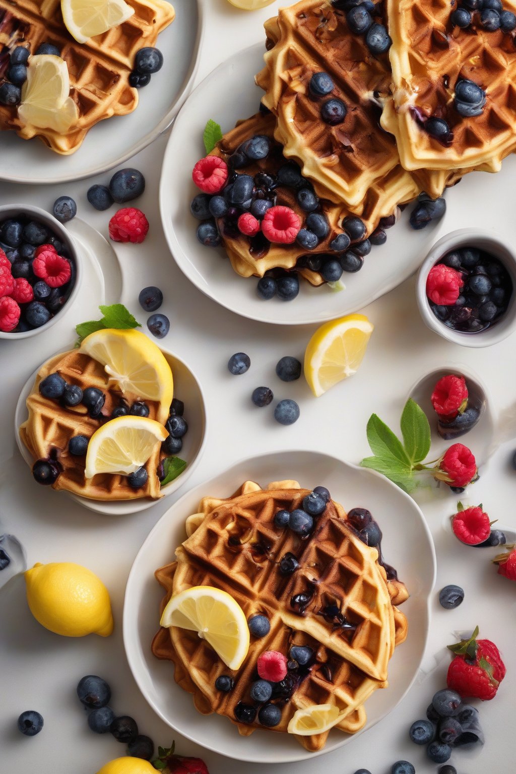 A high-resolution photo of lemon blueberry crispy waffles bursting with berries and lemon zest garnish, under soft lighting.