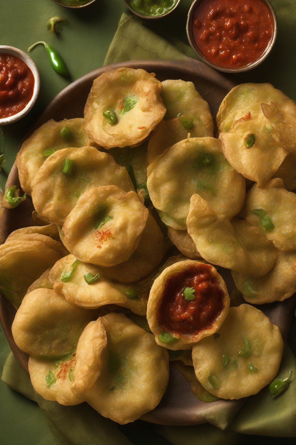 A high-resolution photo of vibrant green jalapeño-flecked pani puris bursting with fiery red chutney under soft lighting.