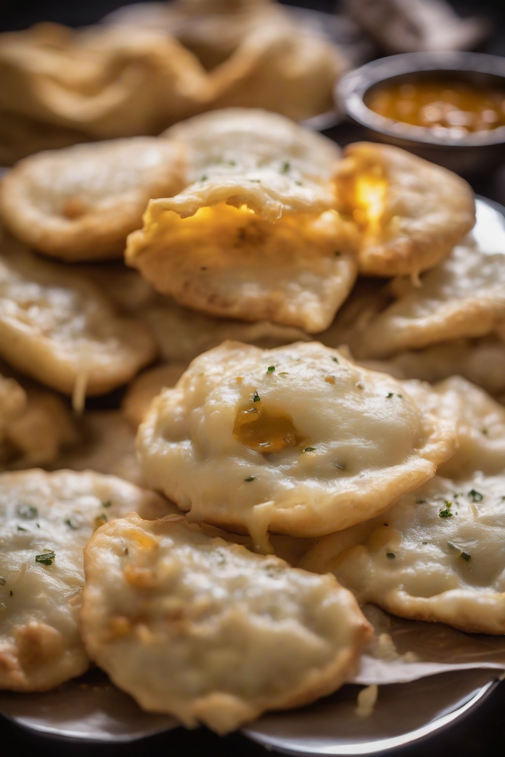 A high-resolution photo of gooey cheese oozing from garlic-stuffed pani puris under soft lighting.