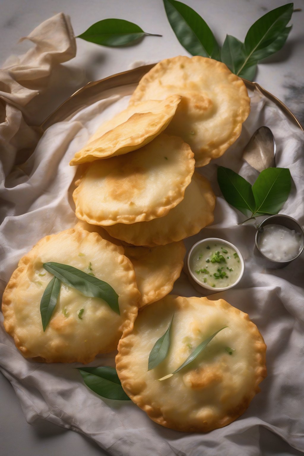 A high-resolution photo of creamy coconut pani puris topped with fresh curry leaves under soft lighting.