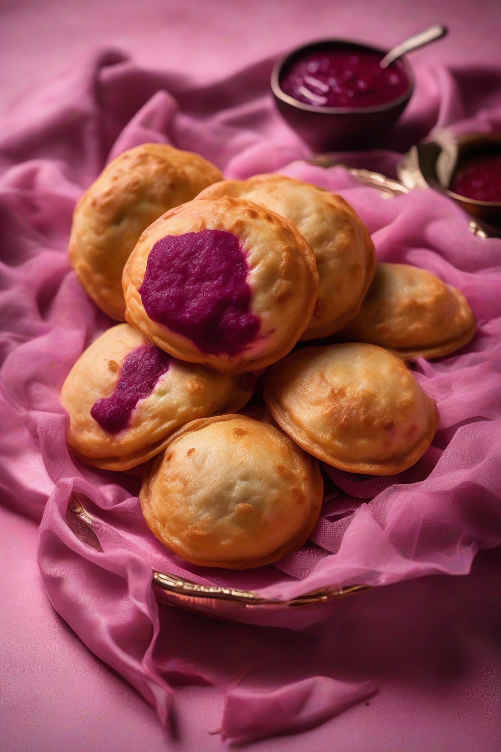 A high-resolution photo of stunning pink pani puris with beet-flecked filling under soft lighting.