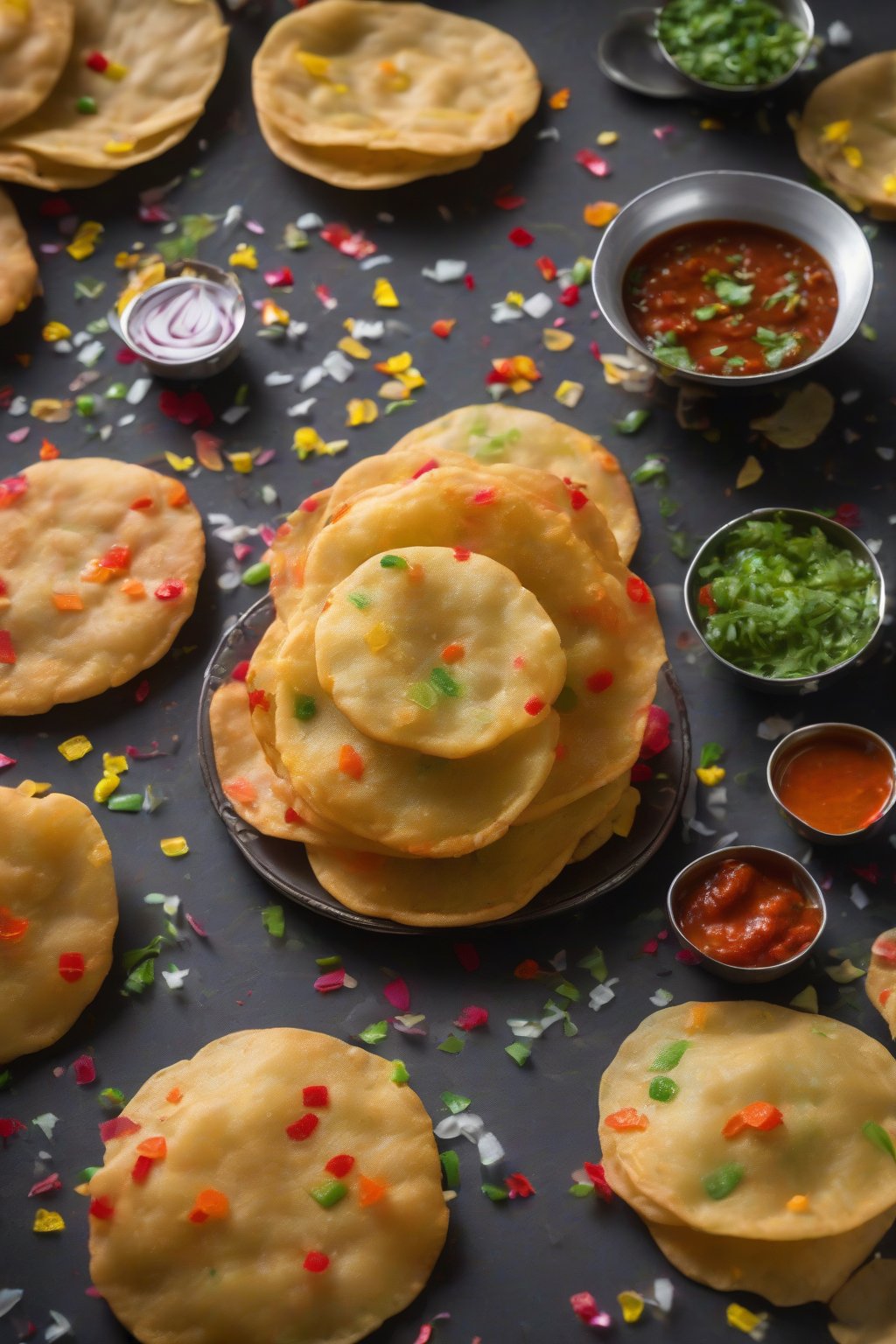 A high-resolution photo of schezwan-sauced pani puris with veggie confetti under soft lighting.