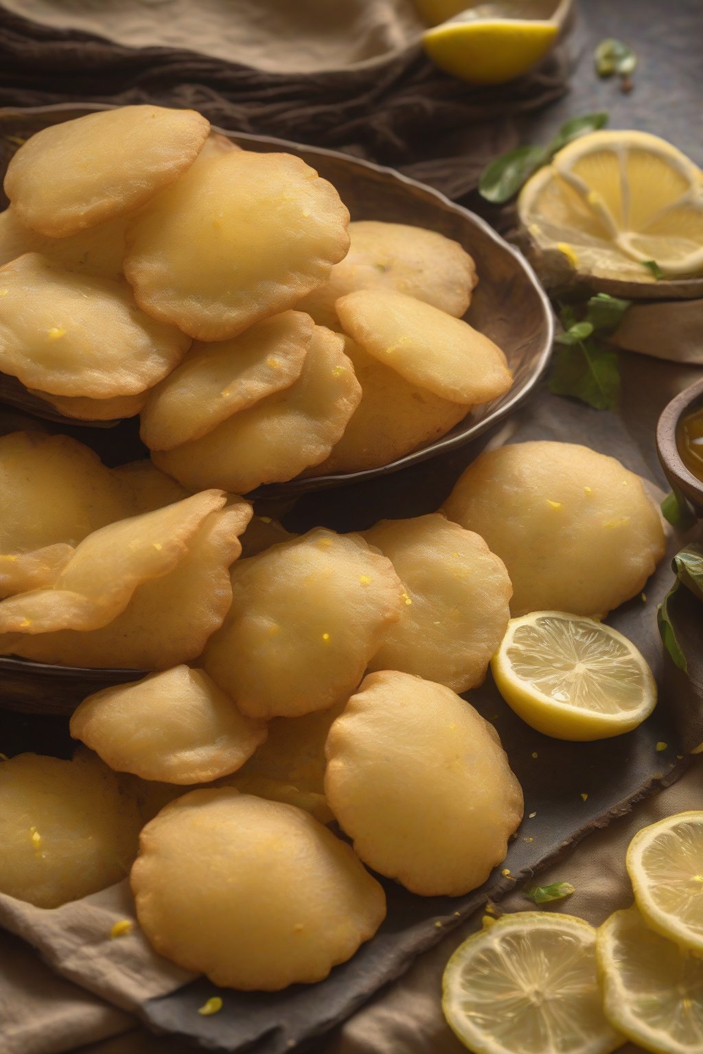 A high-resolution photo of zesty lemon pani puris with bright yellow flecks under soft lighting.