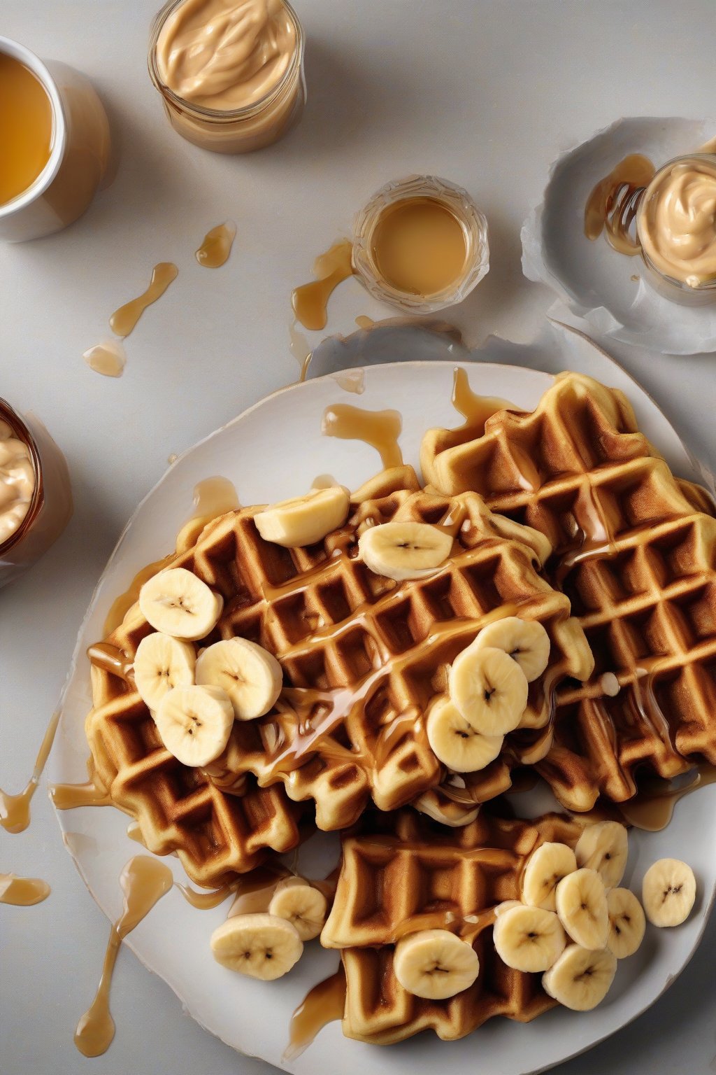 A high-resolution photo of peanut butter crispy waffles with sliced bananas and a honey drizzle, under soft lighting.