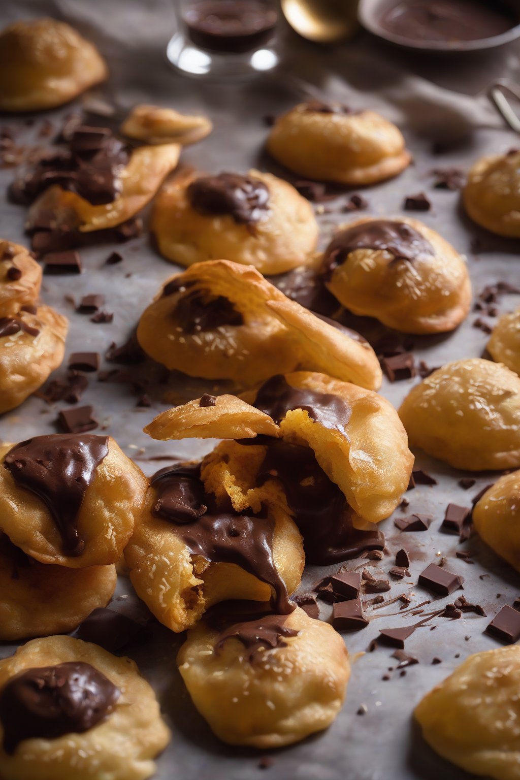 A high-resolution photo of decadent chocolate-chili pani puris melting under soft lighting.